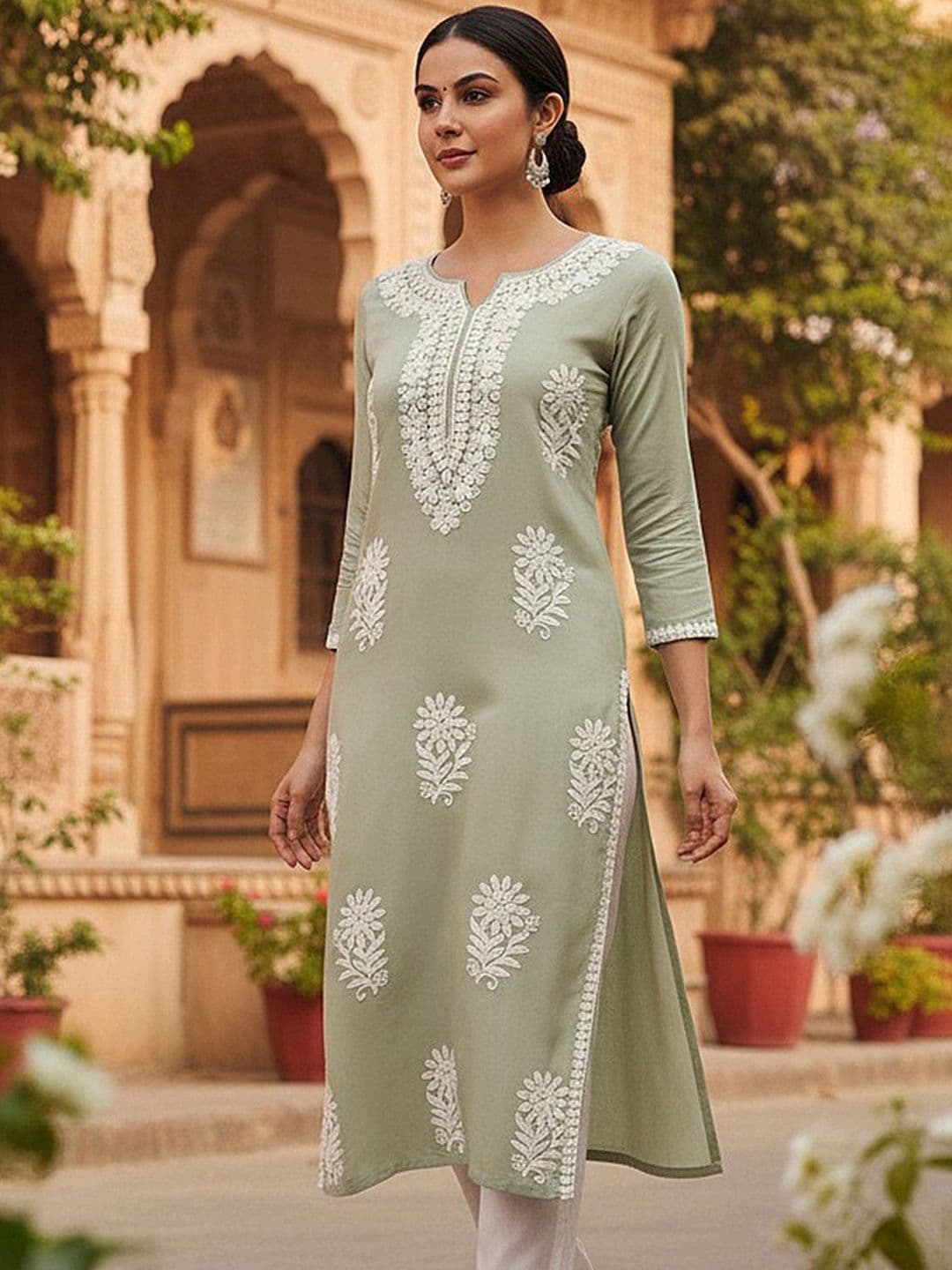 KALINI Floral Embroidered Notch Neck Chikankari Straight Kurta - view 1