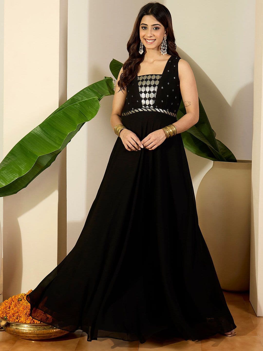 Inddus Geometric Yoke Design Sequinned Embroidered Georgette A-Line Ethnic Dress - view 1