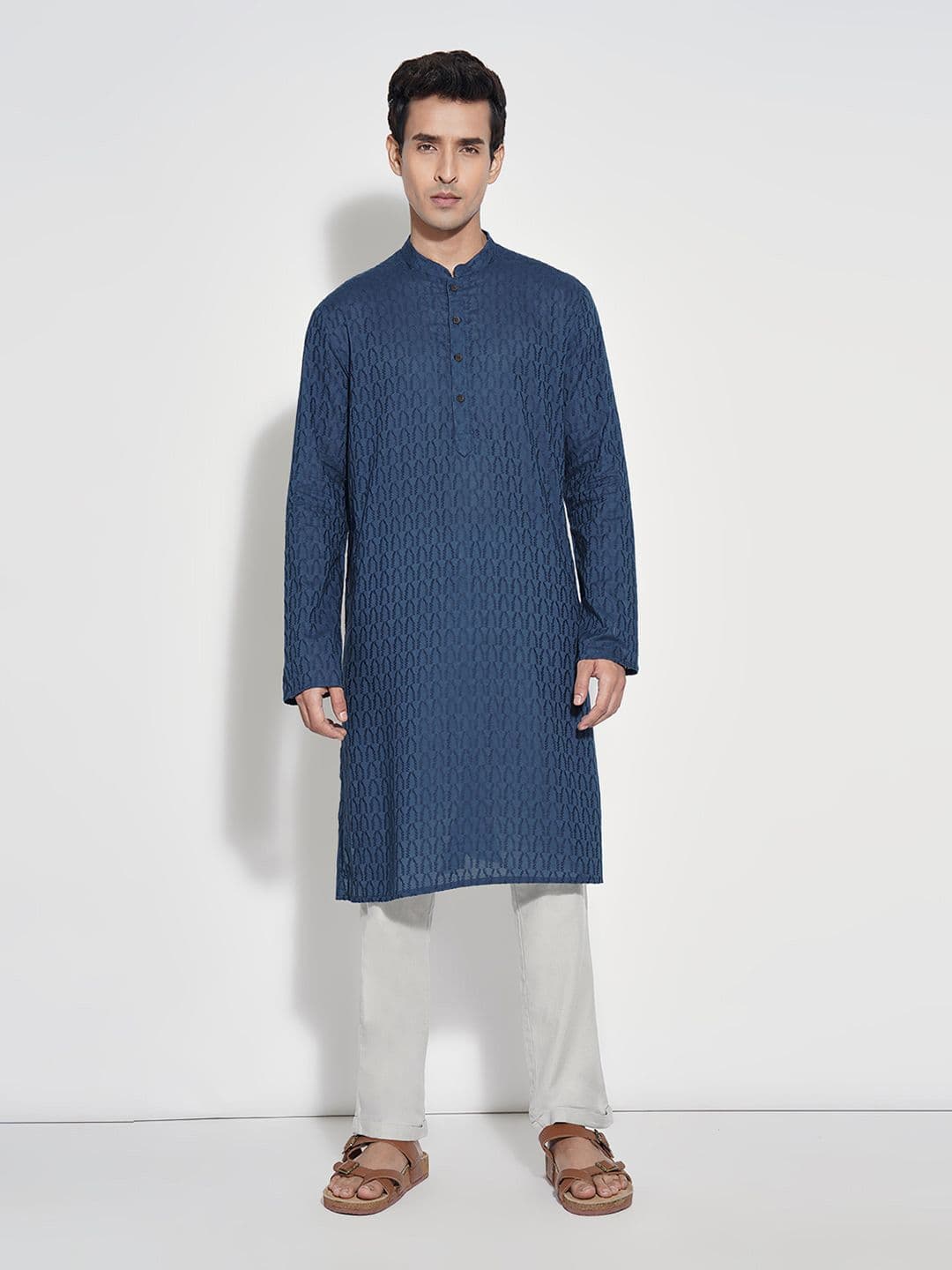 indus route by Pantaloons Men Woven Design Band Collar Cotton Kurta - view 1