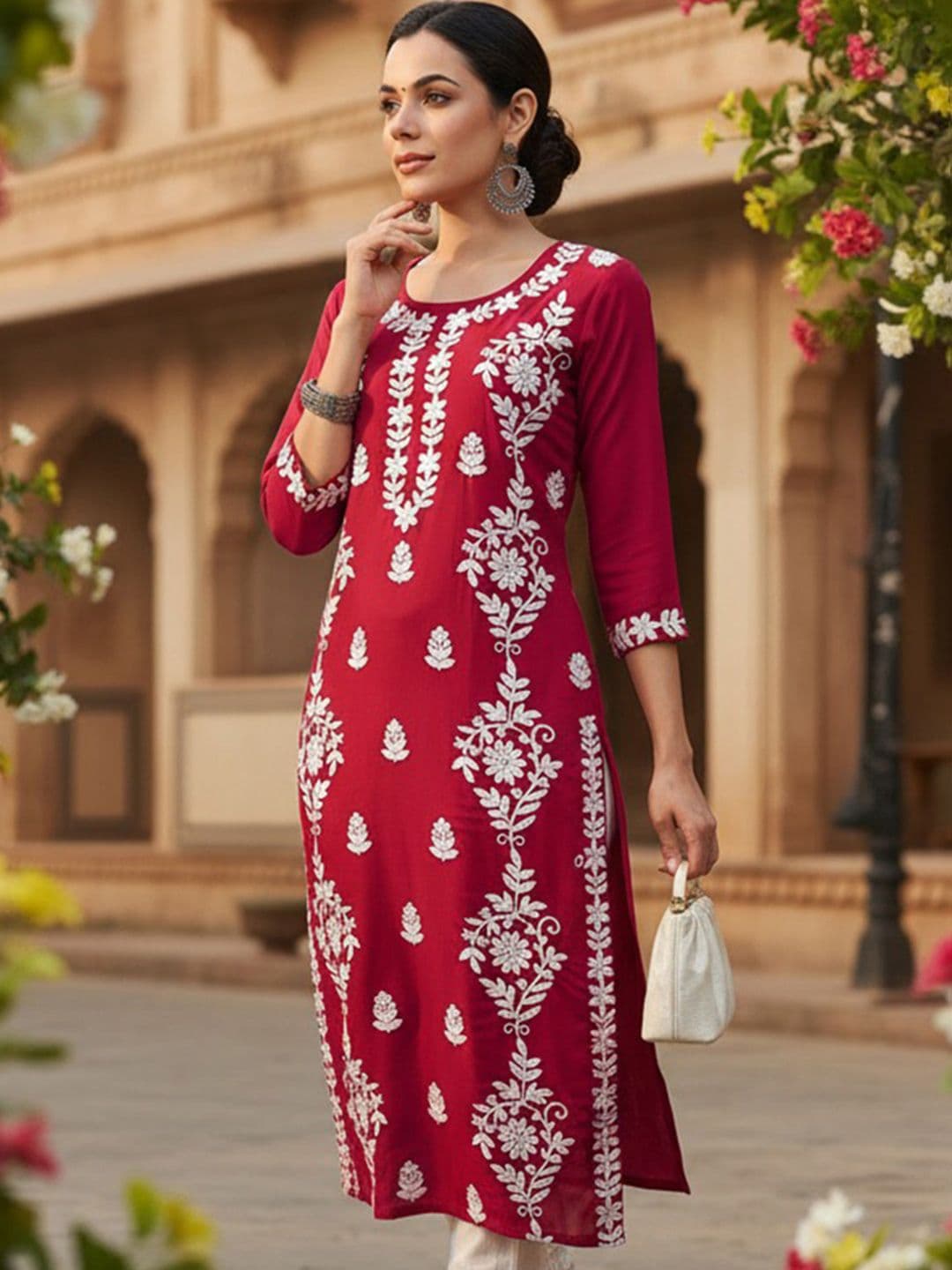 KALINI Floral Embroidered Round Neck Chikankari Straight Kurta - view 1