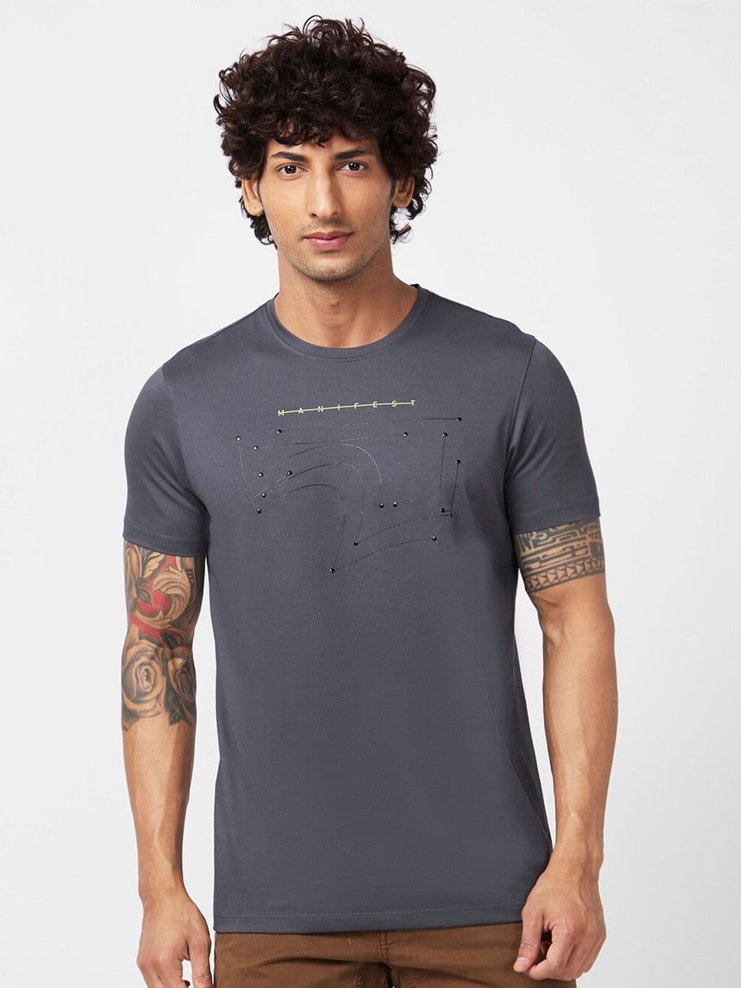 SPYKAR Round Neck Cotton Embellished Slim Fit T-shirt - view 1