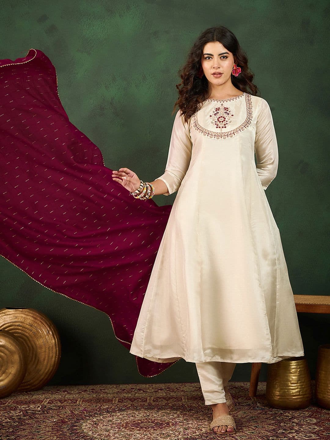 Sangria Round Neck Embroidered A-Line Kurta Sets - view 1