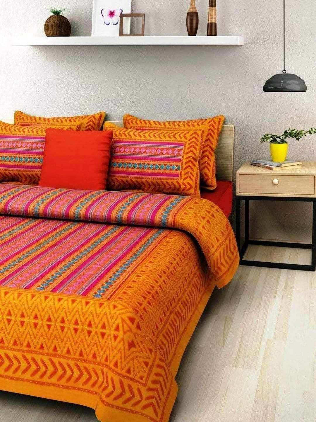 UNIBLISS Yellow & Pink Geometric 144 TC Queen Bedsheet Set-2.5m x 2.24m - view 1