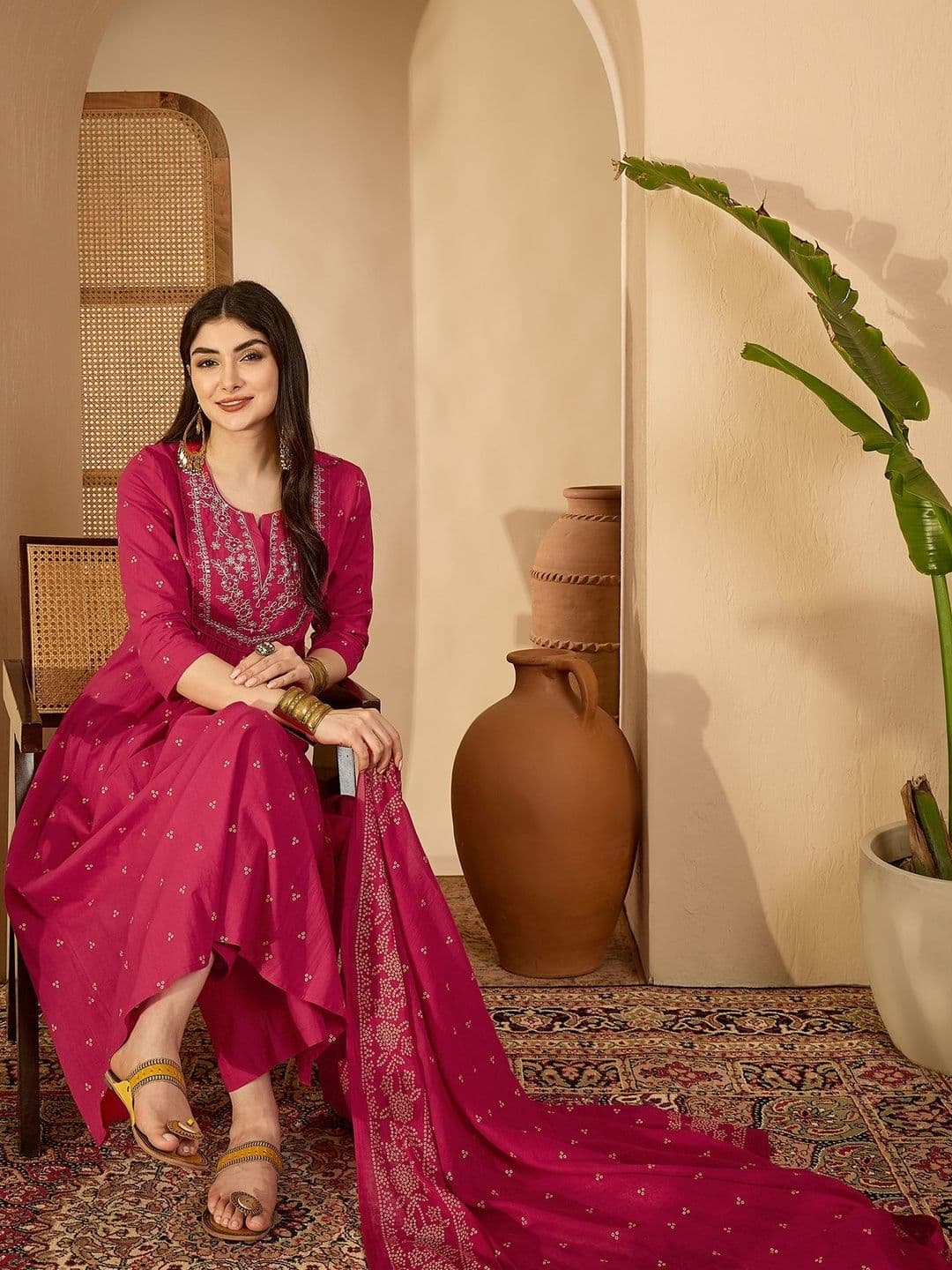 Sangria Cotton Calf Length Printed Round Neck Flared Kurta With Trousers & Dupatta - view 1
