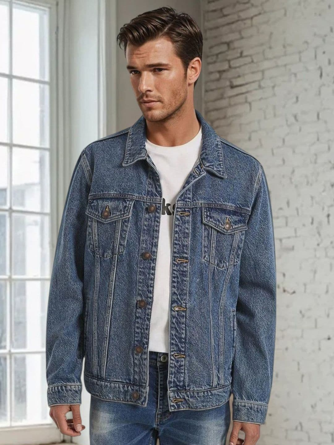 Kotty Men Spread Collar Solid Denim Jacket - view 1