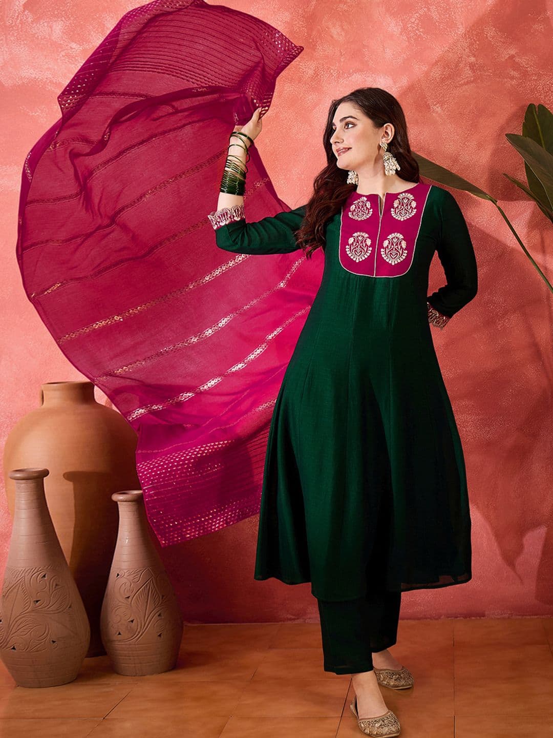 Sangria Zari Sequence Thread Embroidery Kurta With Trousers & Dupatta - view 1