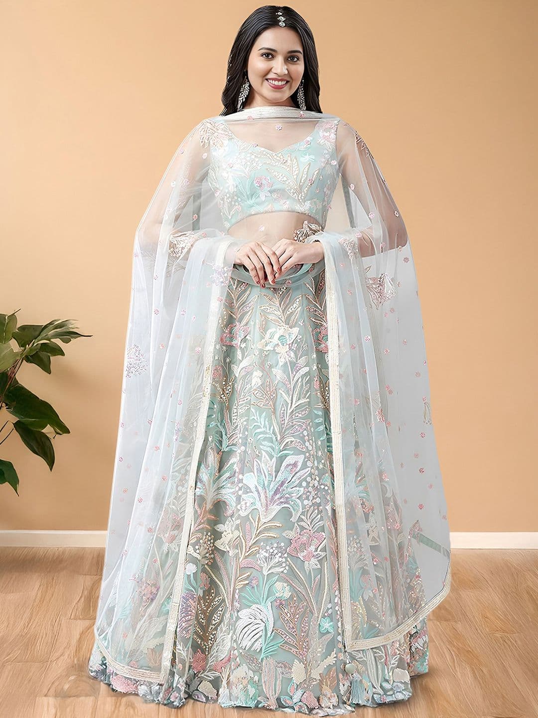 Zeel Clothing Embroidered Sequinned Net Lehenga & Unstitched Blouse With Dupatta - view 1