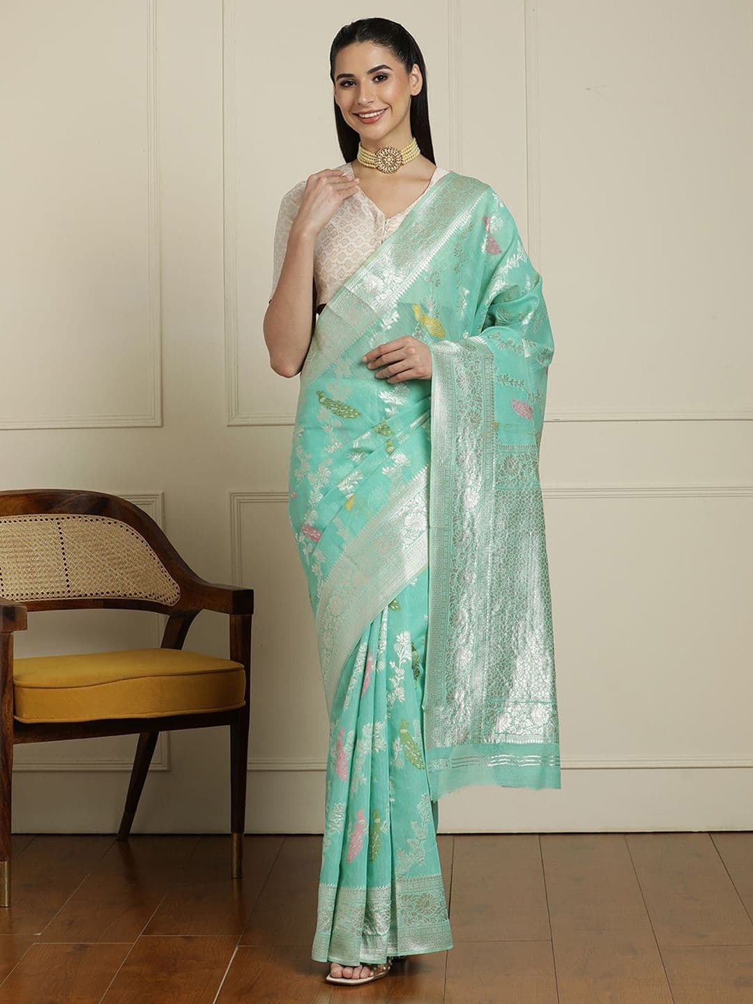 House of Pataudi Floral Motif Printed Banarasi Saree With Blouse Piece - view 1