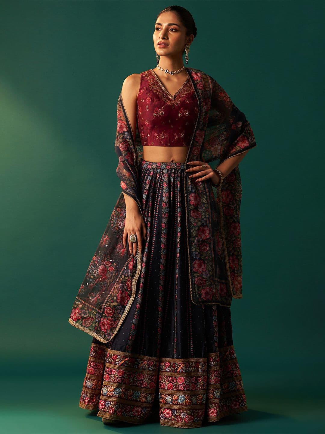 WISHFUL Embroidered Sequinned Ready To Wear Lehenga & Blouse With Dupatta - view 1