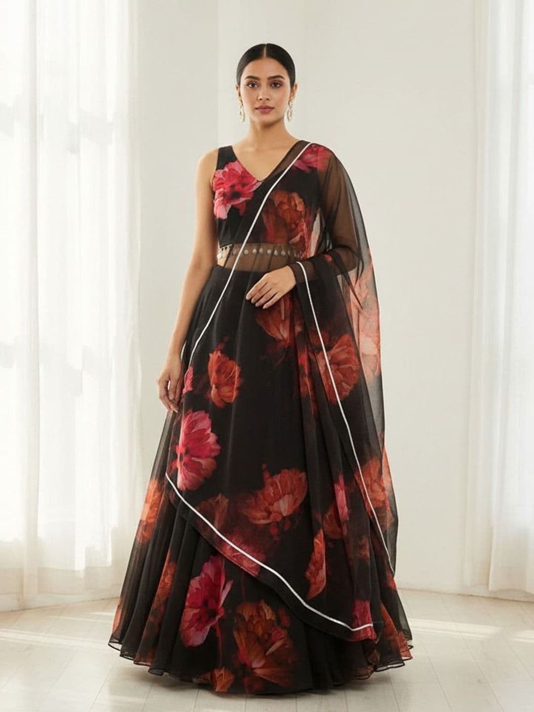 LIPS CROWN Printed Organza Semi-Stitched Lehenga & Ready to Wear Blouse With Dupatta - view 1