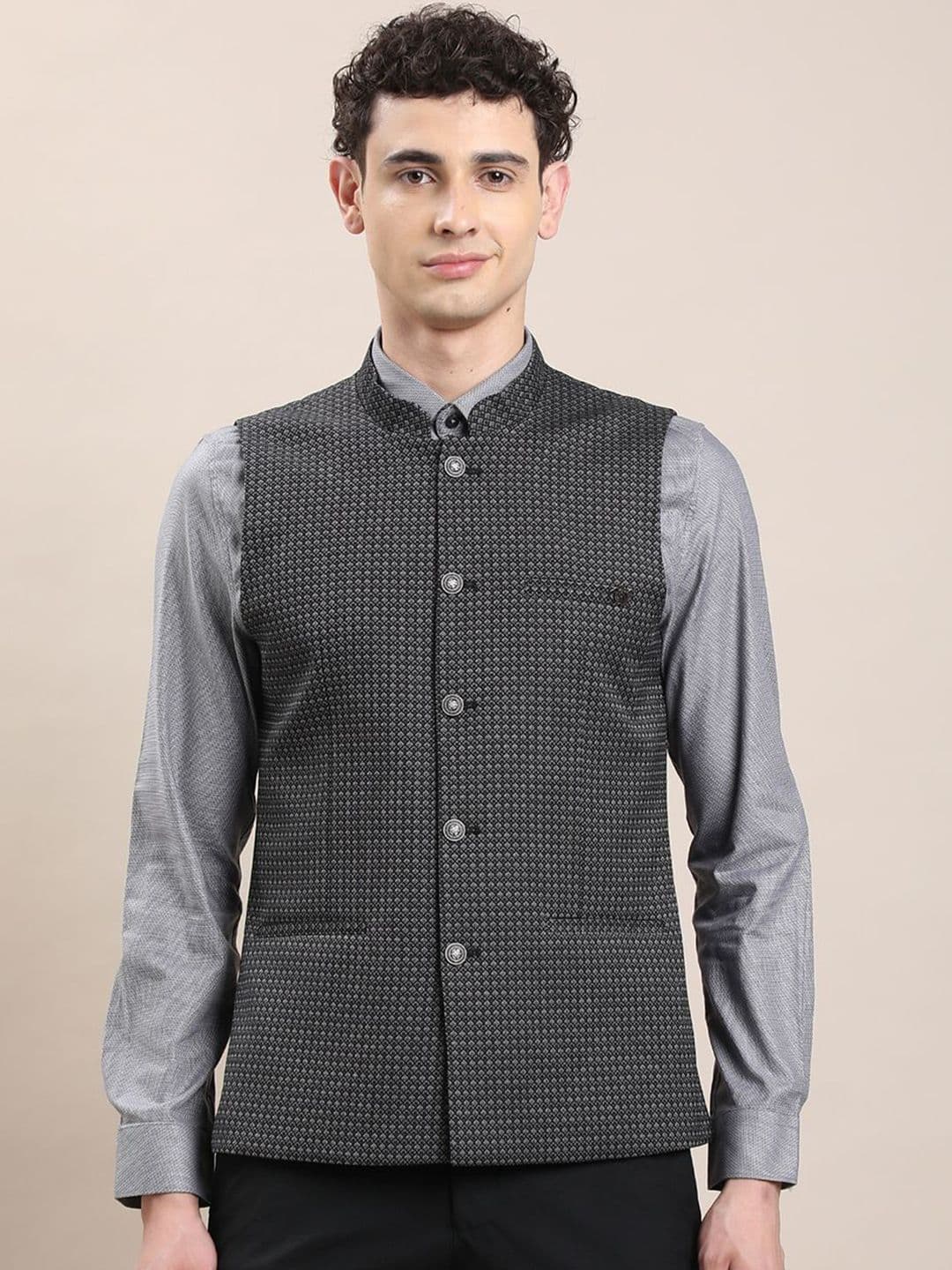 Turtle Woven Design Mandarin Collar Nehru Jacket - view 1