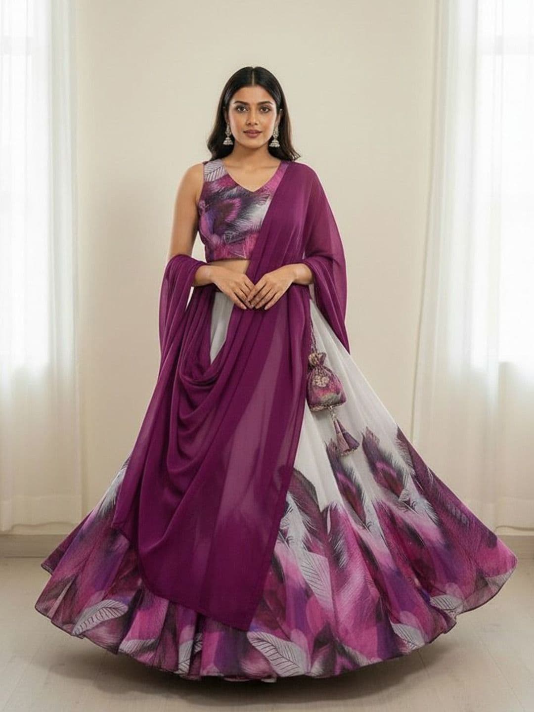 LIPS CROWN Printed Semi-Stitched Organza Lehenga & Ready To Wear Blouse With Dupatta - view 1