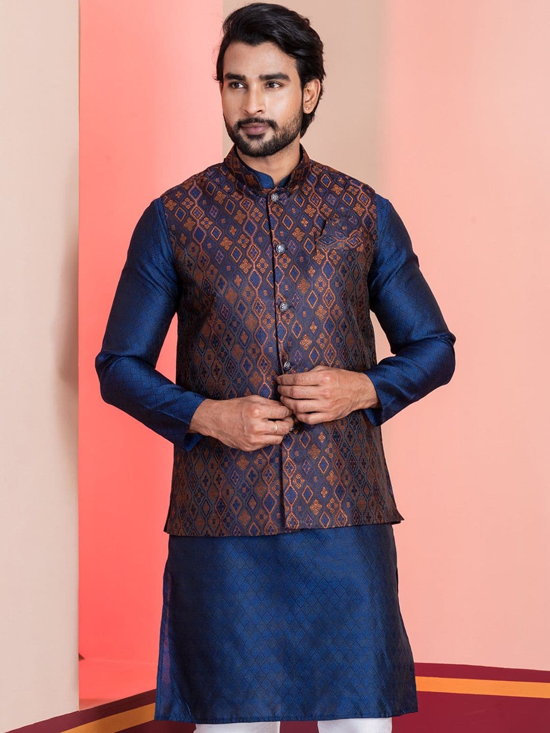DEVOILER Men Geometric Printed Mandarin Collar Tailored-Fit Nehru Jackets - view 1