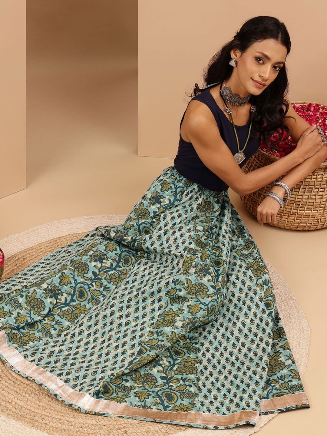 Janasya Floral Printed Pure Cotton Maxi Skirt - view 1