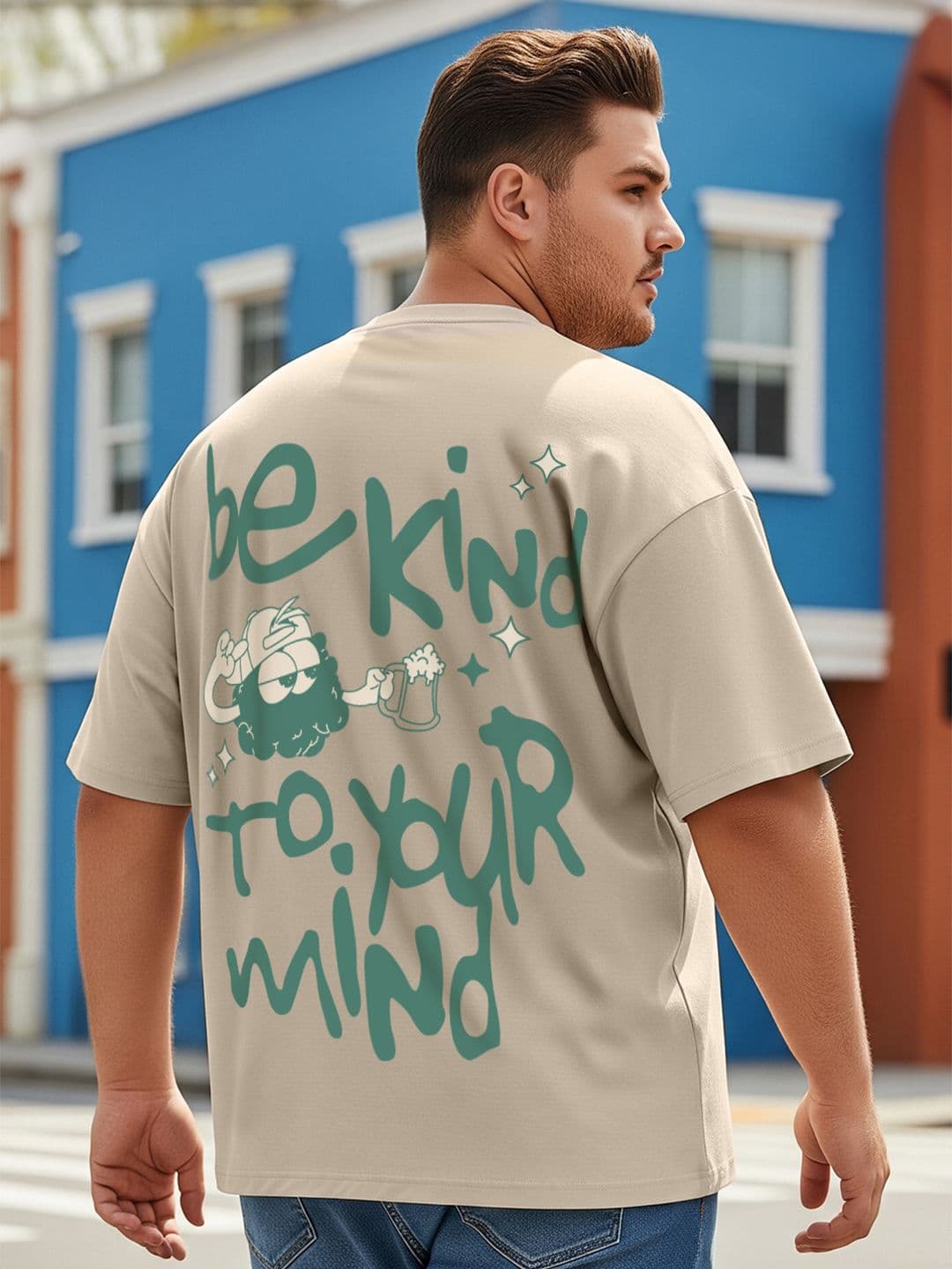 VEIRDO Plus Size Typography Printed Drop-Shoulder Sleeves Pure Cotton T-shirt - view 1