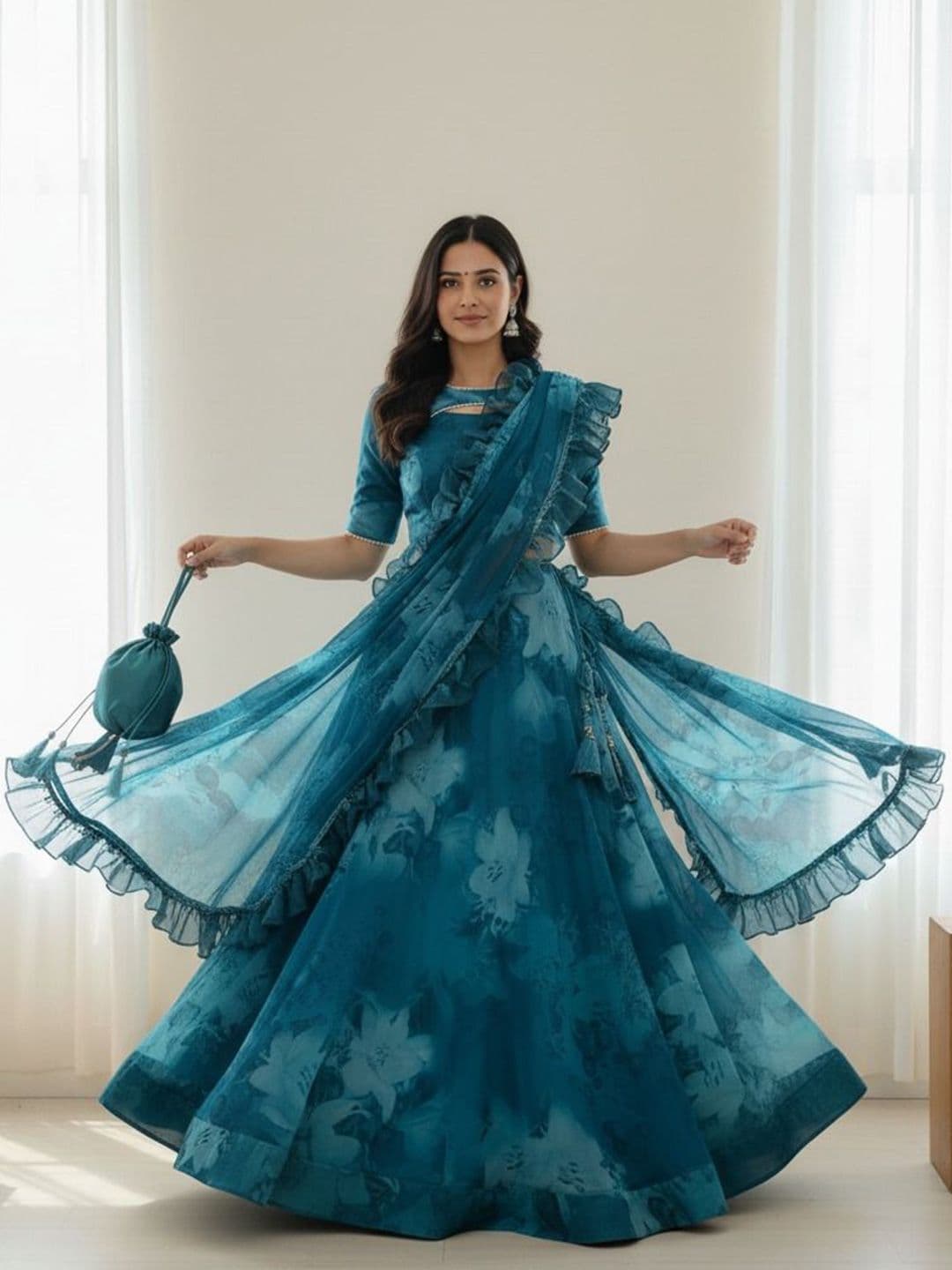 LIPS CROWN Printed Semi-Stitched Organza Lehenga & Ready To Wear Blouse With Dupatta - view 1
