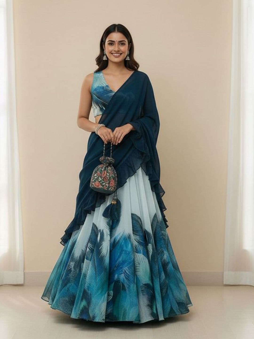 LIPS CROWN Printed Semi-Stitched Organza Lehenga & Ready to Wear Blouse With Dupatta - view 1