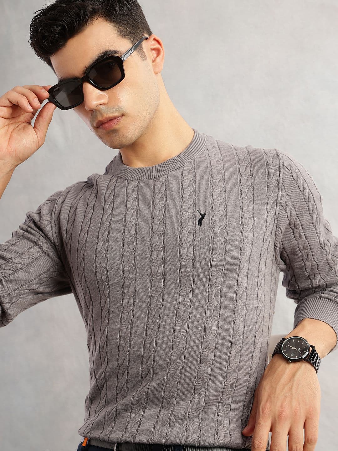 Thomas Scott Men Cable Knit Cotton Round Neck Pullover Sweater
