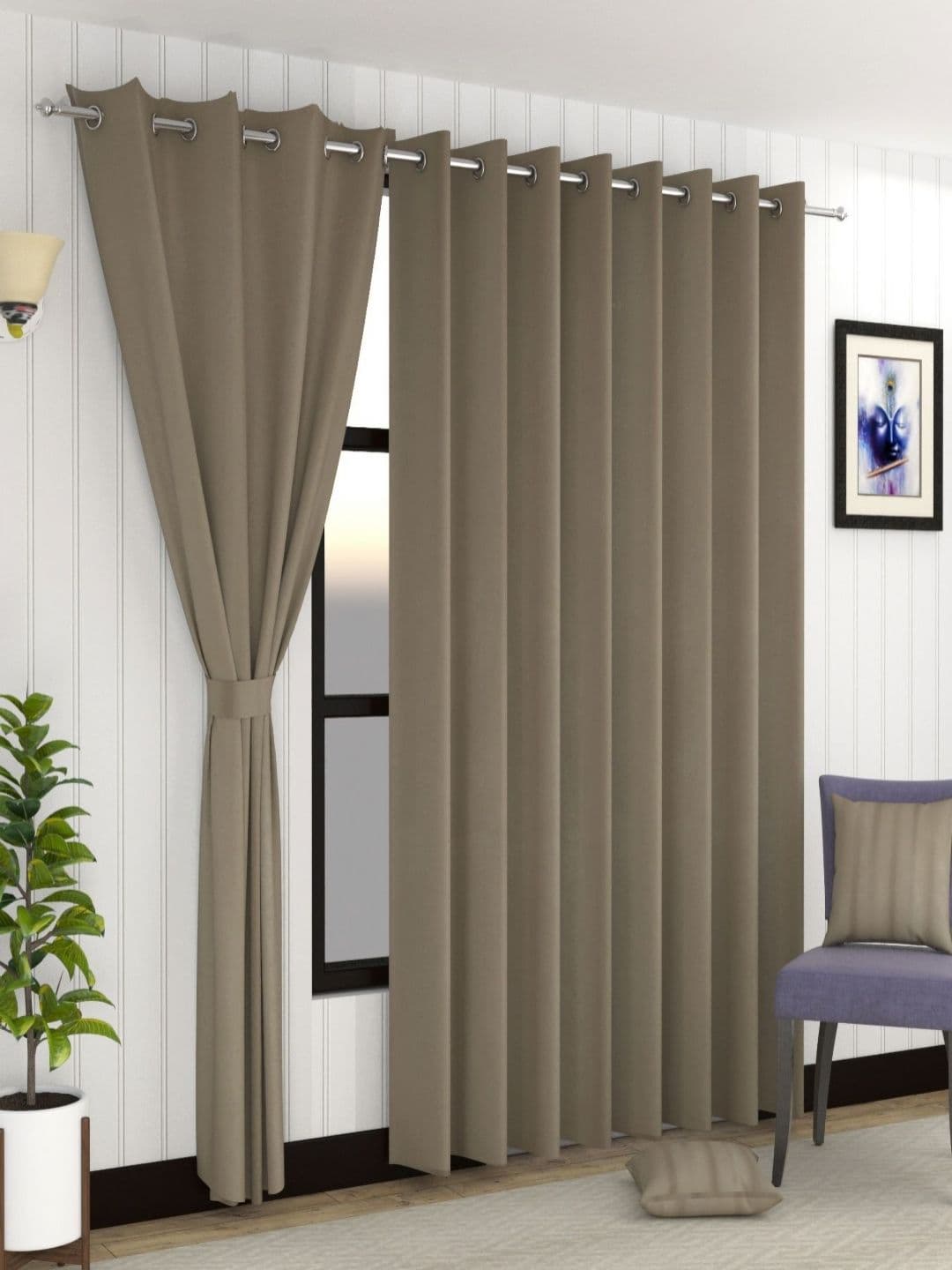 Aura Camel Brown 2 Pieces Black Out Door Curtains - view 1