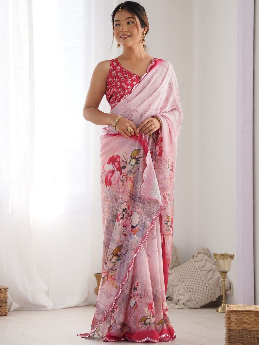 HERE&NOW Floral Sequinned Poly Chiffon Saree - view 1