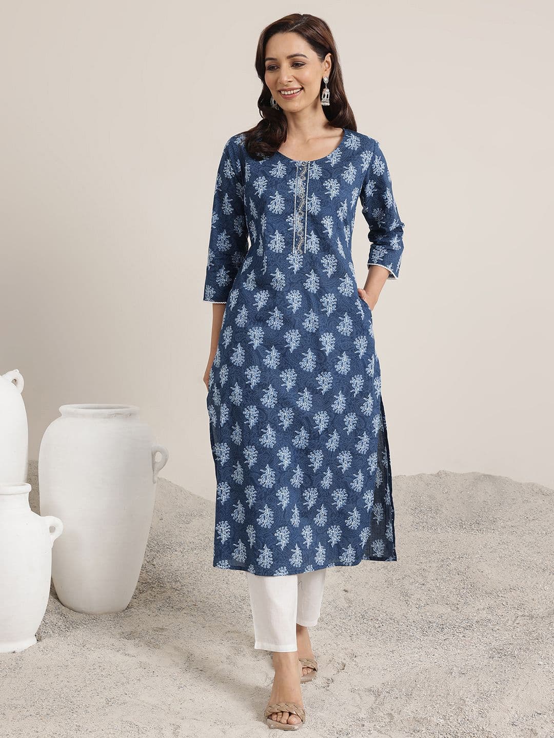 Libas Floral Printed Round Neck Cotton Kurtas - view 1