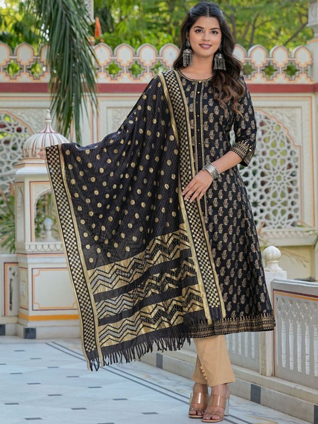 KALINI Floral Printed Round Neck Cotton Straight Kurta With Dupatta - view 1