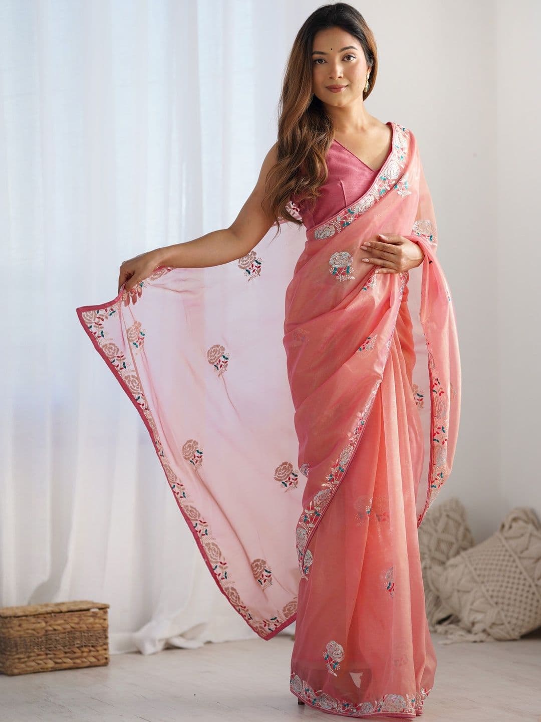 HERE&NOW Floral Embroidered Tissue Saree - view 1