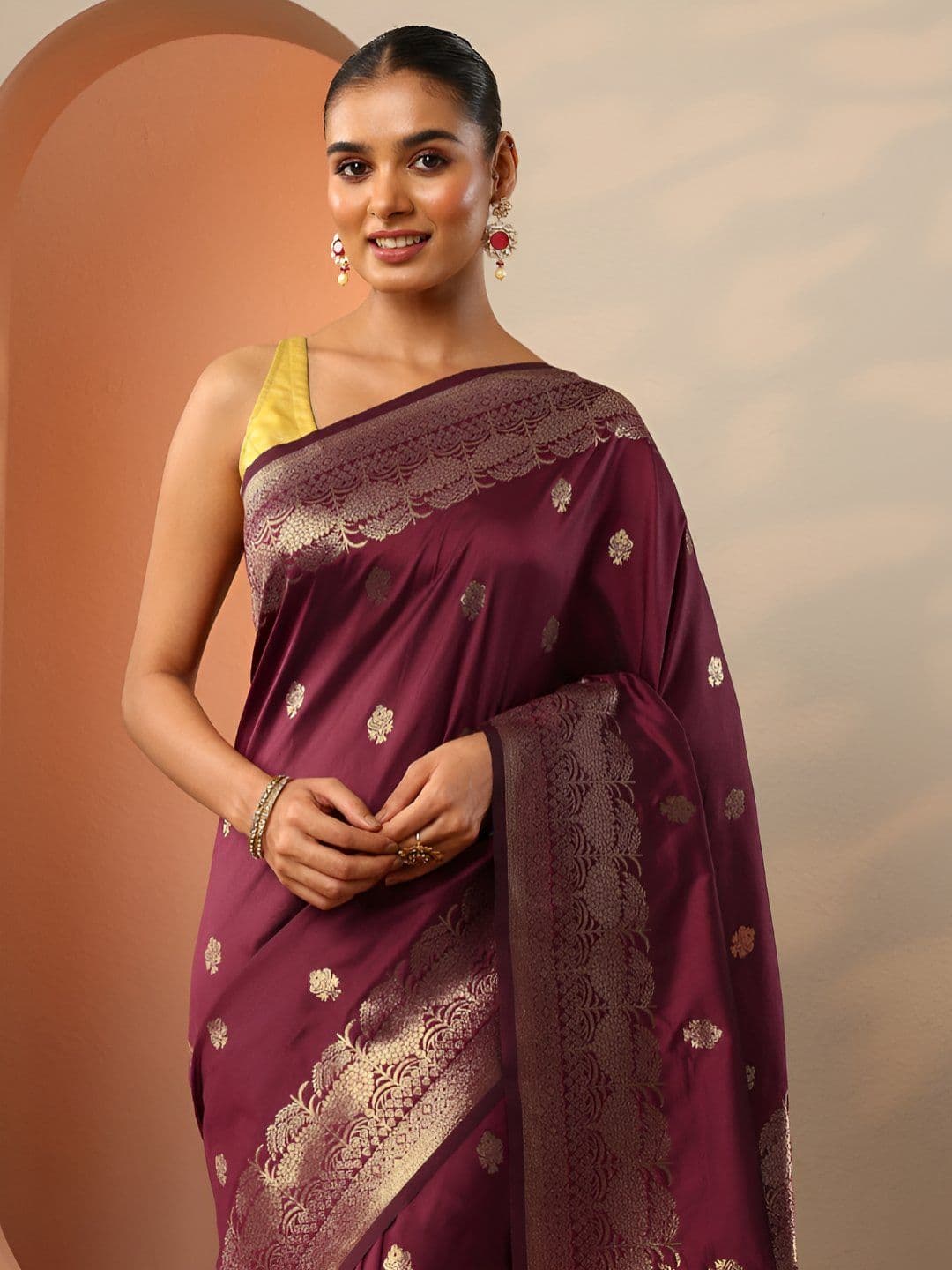 Libas Maroon Woven Design Banarasi Silk Blend Saree With Unstitched Blouse Piece - view 1