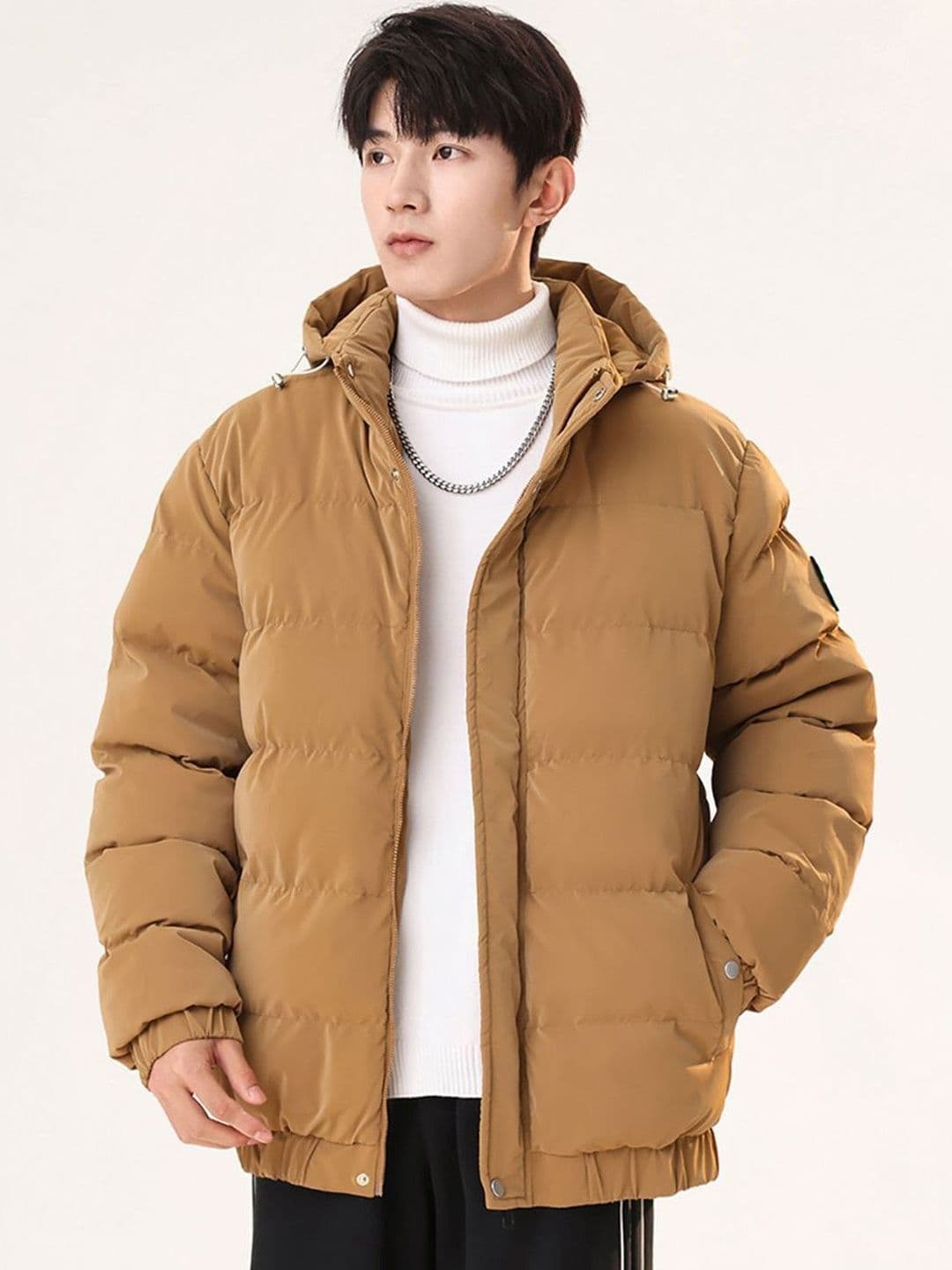 HERE&NOW Men Brown Solid Stand Collar Long Sleeves Puffer Jacket - view 1