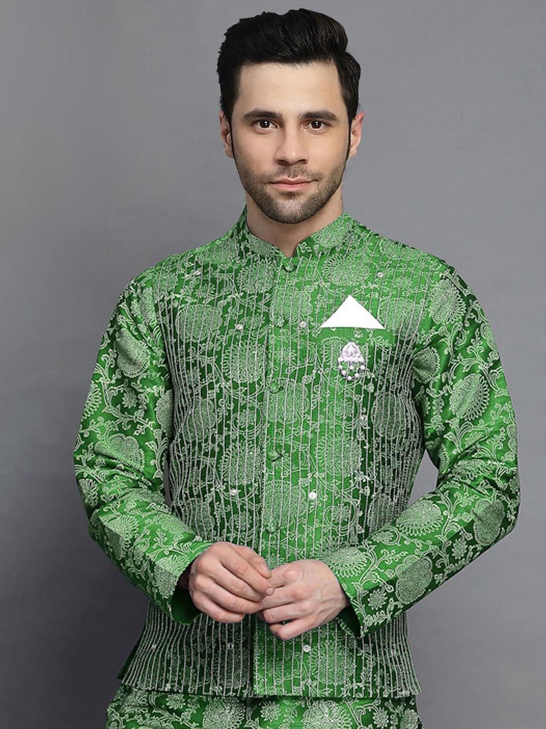Utsav Fashion Block Printed Art Silk Nehru Jacket - view 1