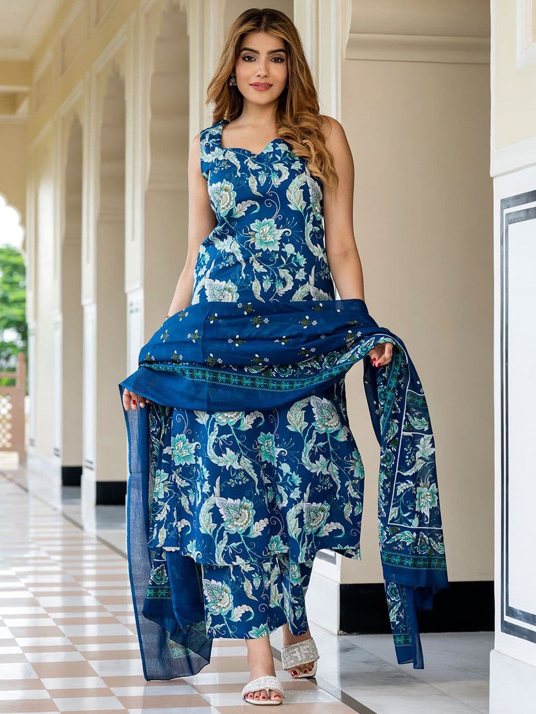 KALINI Floral Printed Straight Pure Cotton Kurta With Palazzos & Dupatta - view 1