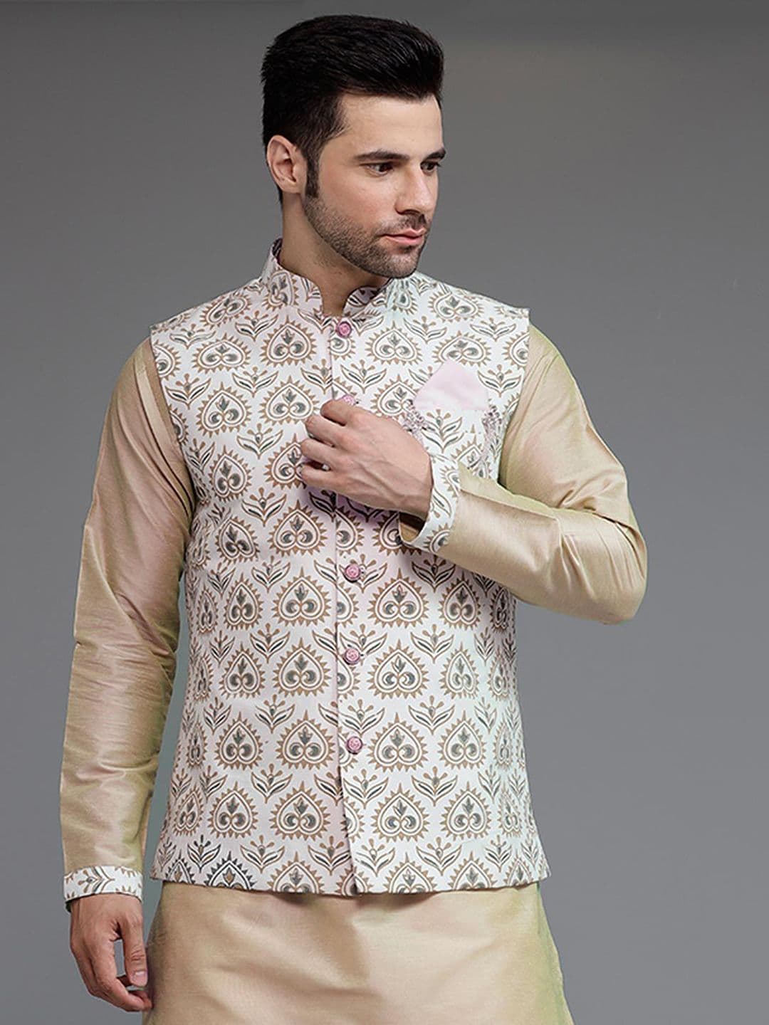 Utsav Fashion Men Off White Digital Printed Cotton Silk Nehru Jacket - view 1