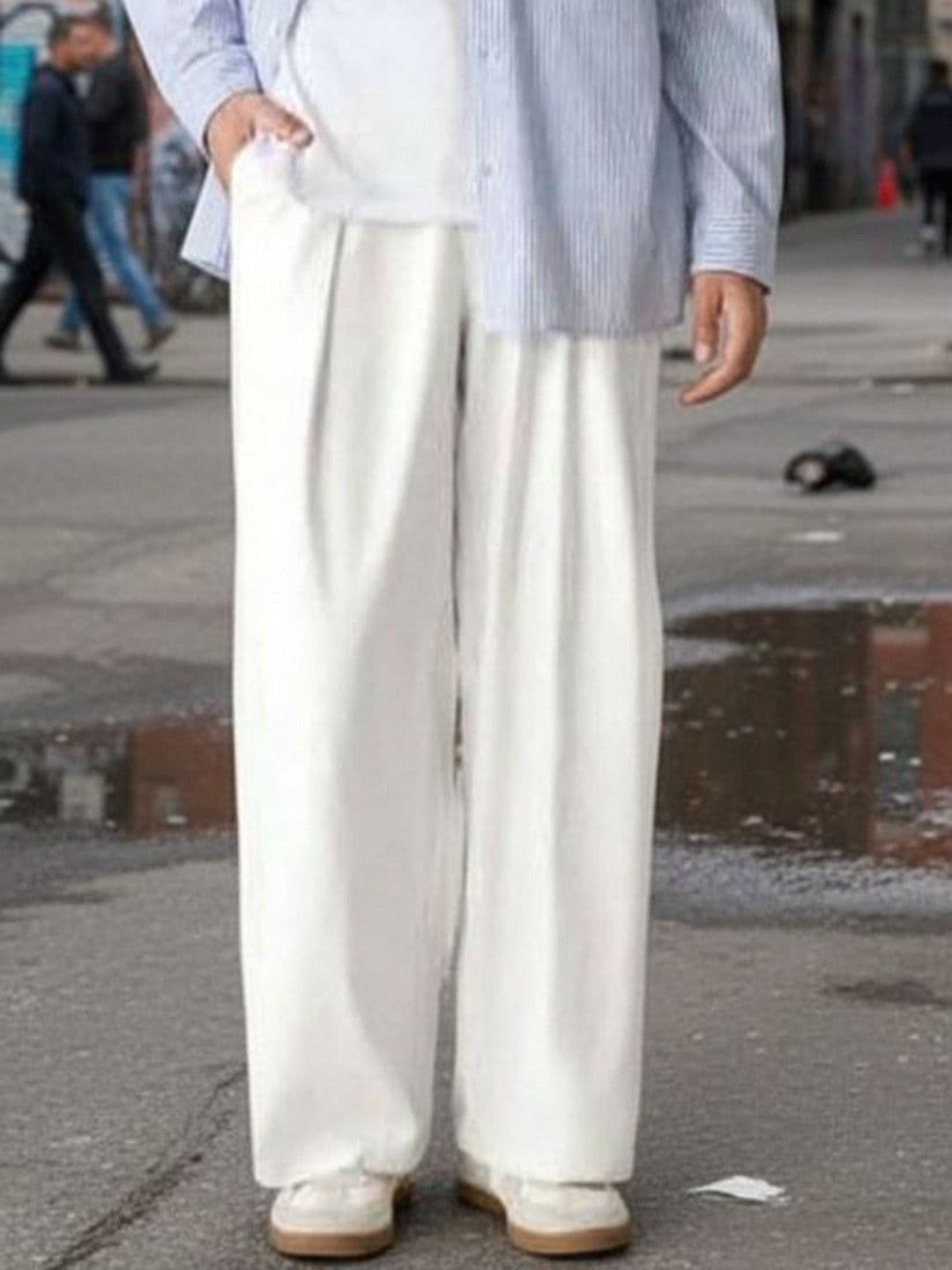 BROADSTAR Men Relaxed Straight Leg Wide Leg Easy Wash Pleated Korean Pants