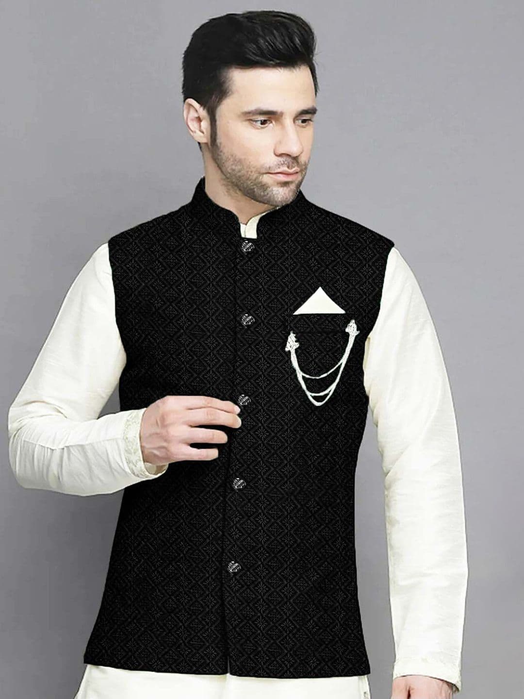 Utsav Fashion Men Black Embroidered Mandarin Collar Georgette Nehru Jacket - view 1
