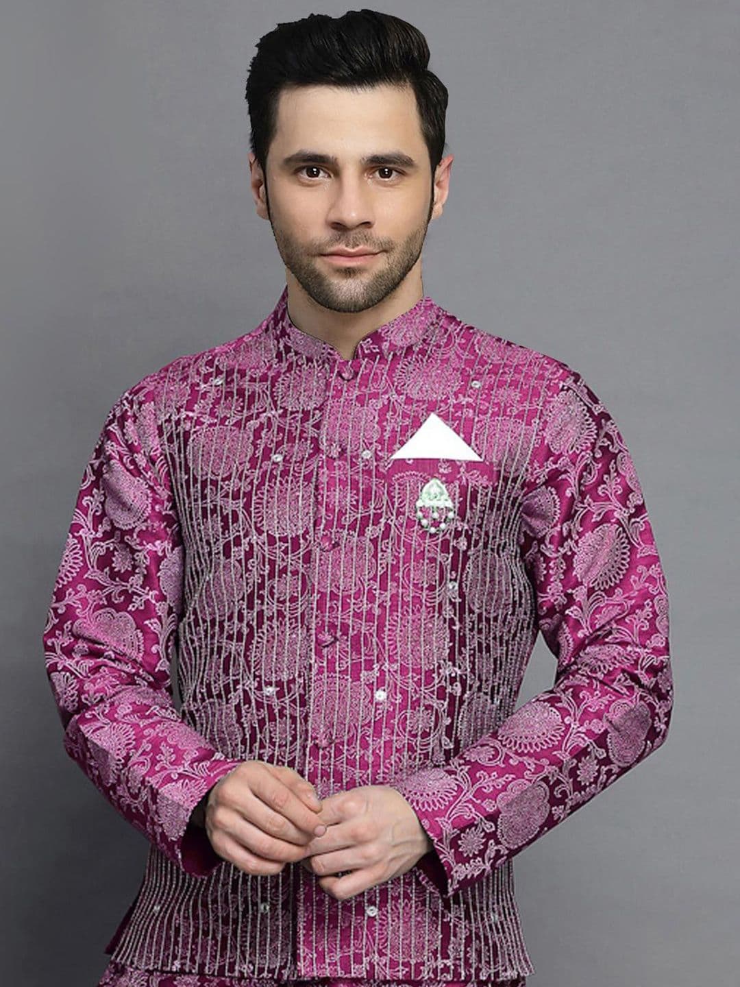 Utsav Fashion Men Block Printed Mandarin Collar Art Silk Nehru Jacket - view 1