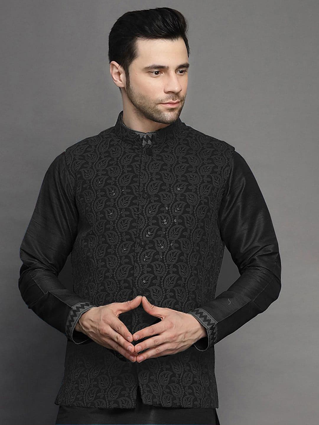 Utsav Fashion Men Embroidered Mandarin Collar Georgette Nehru Jacket - view 1
