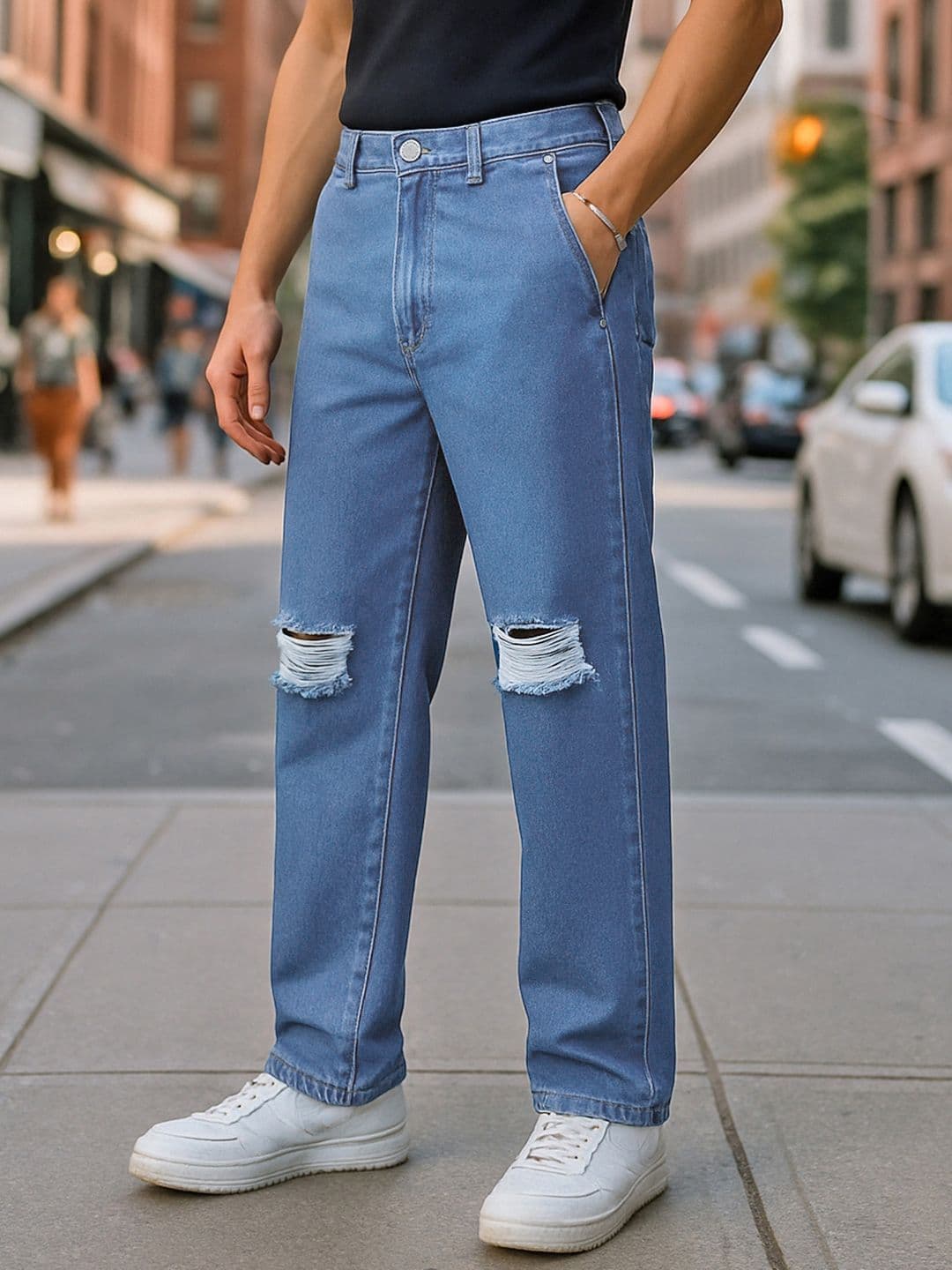 Bewakoof Men's Blue Straight Fit Distressed Mid-Rise Cotton Jeans - view 1