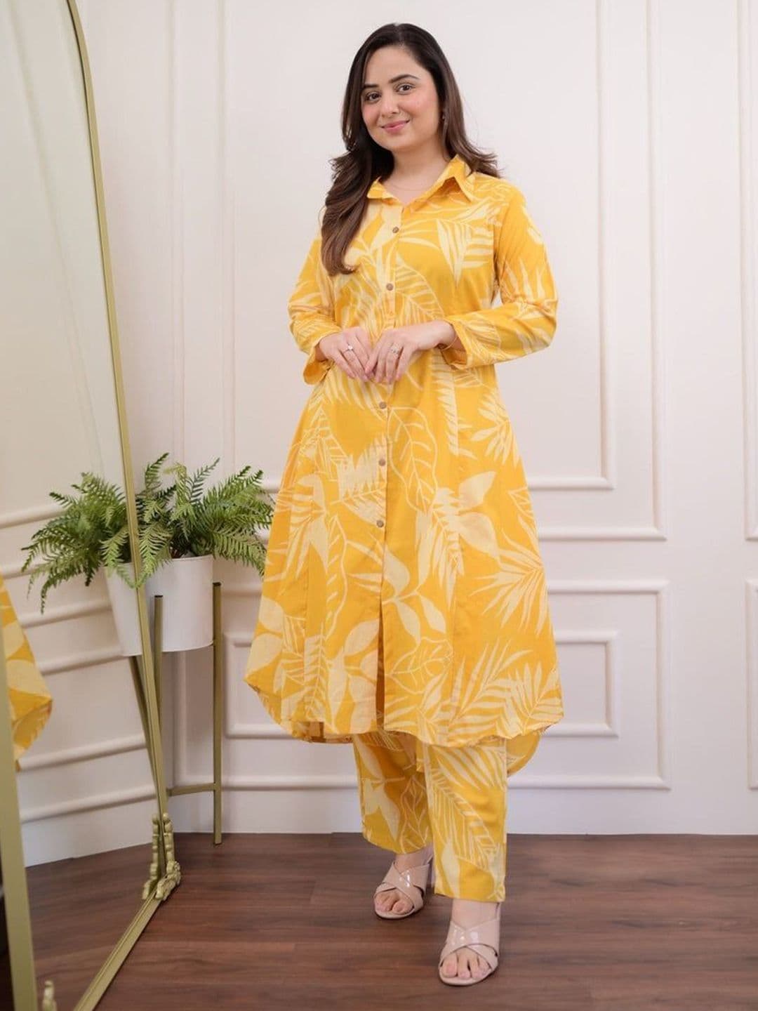 JAIPURI COLLECTION Women Printed Shirt Collar Pure Cotton Tunic With Trousers Co-Ords Set - view 1