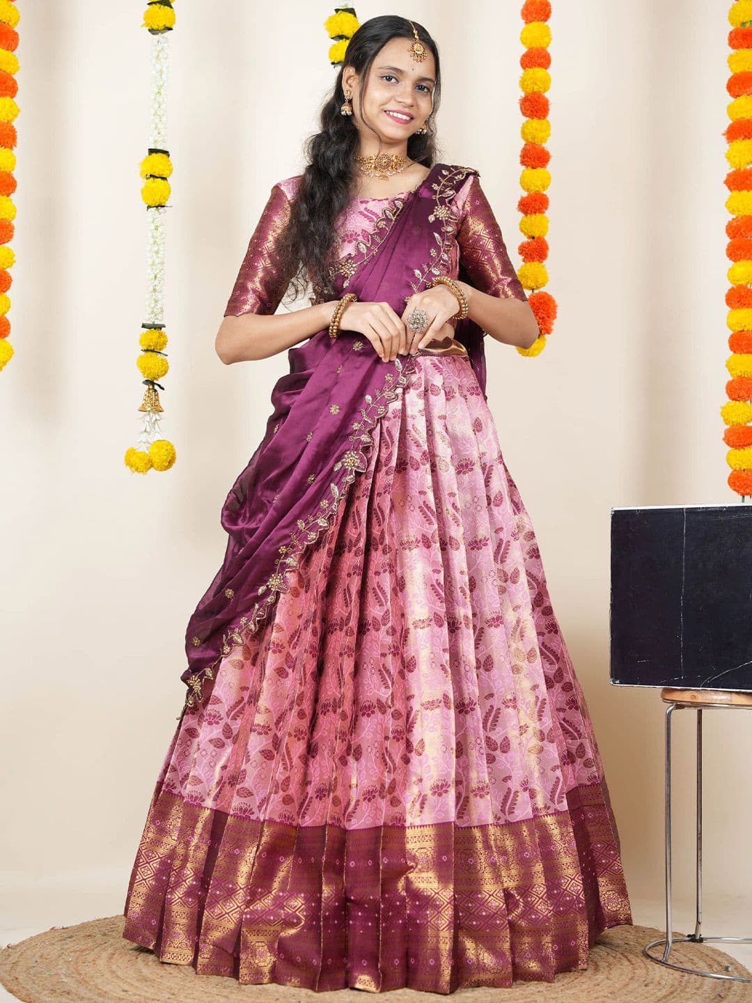 Fabcartz Woven Design Semi-Stitched SilkLehenga & Unstitched Blouse With Dupatta - view 1