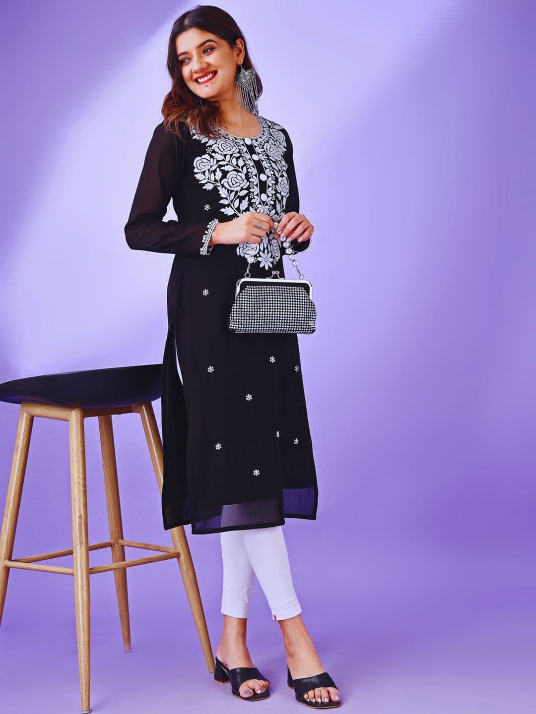 HESVI Floral Embroidered Chikankari Georgette Kurta - view 1