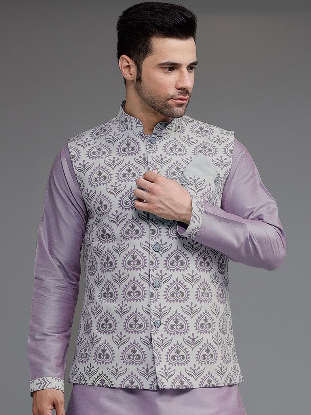 Utsav Fashion Men Digital Printed Cotton Silk Nehru Jacket in Grey - view 1