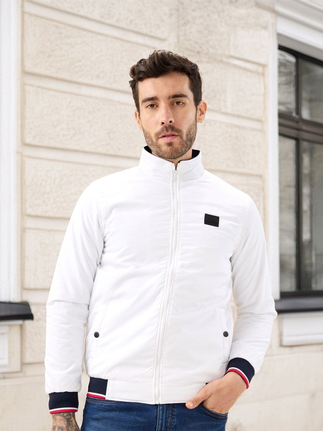 Status Quo Men Stand Collar Solid Lightweight Bomber Jacket - view 1