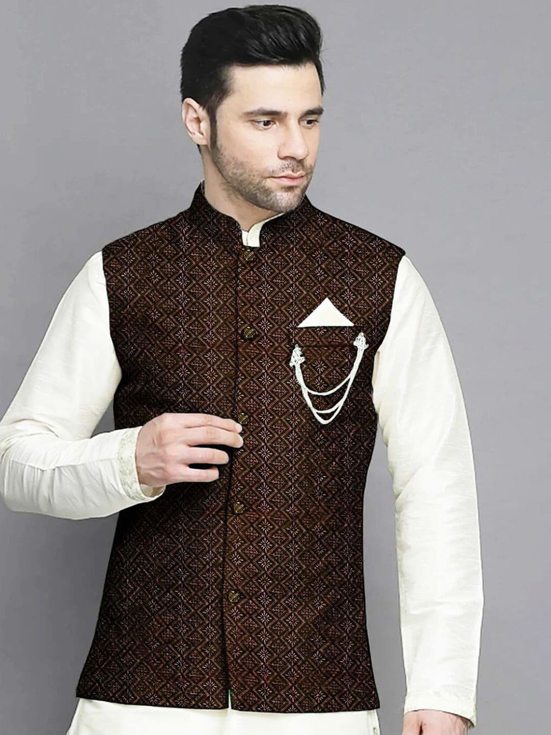 Utsav Fashion Men Woven Design Mandarin Collar Georgette Nehru Jacket - view 1