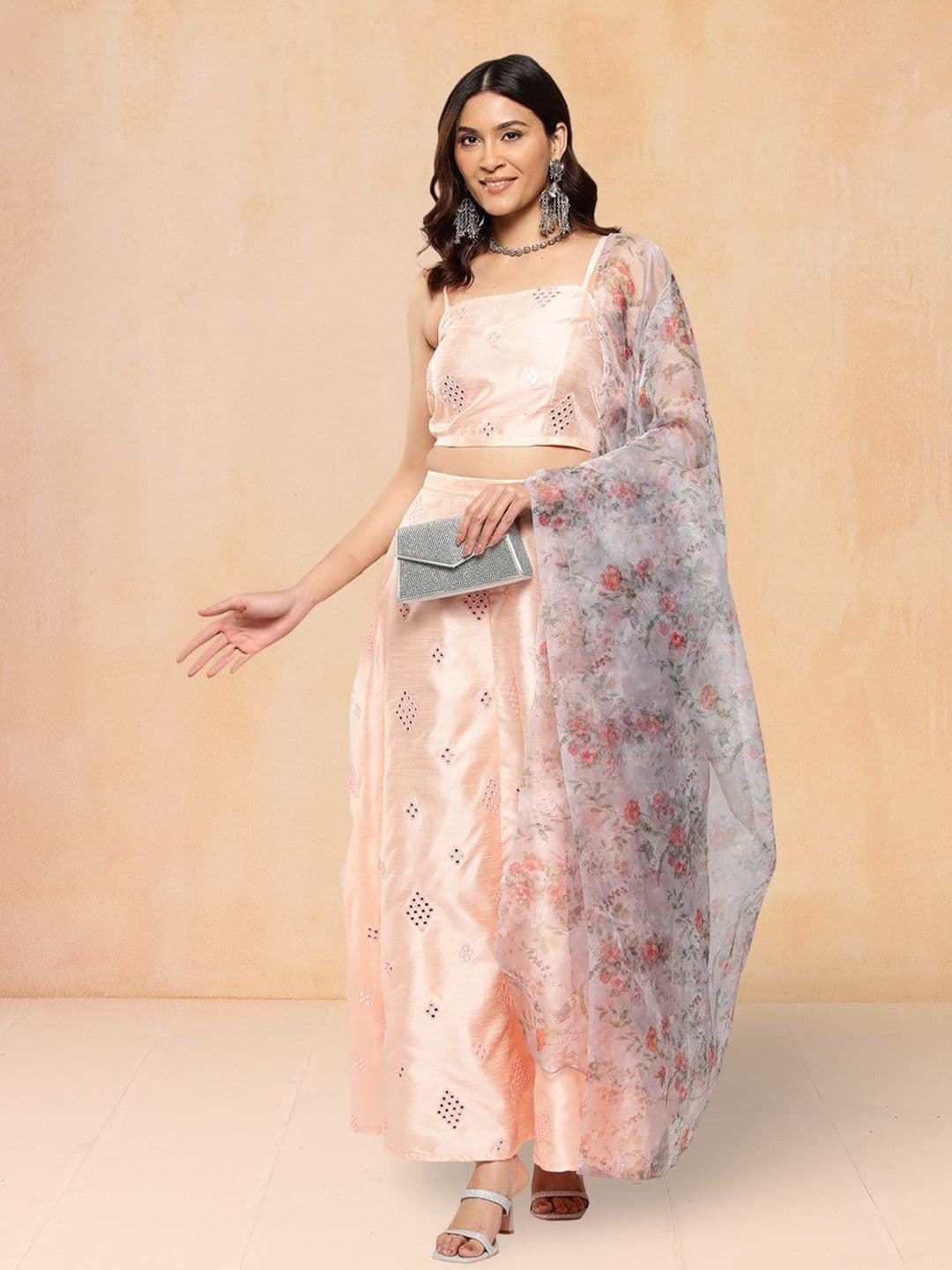Jompers Embroidered Mirror Work Ready To Wear Dupion Silk Lehenga & Blouse With Dupatta - view 1