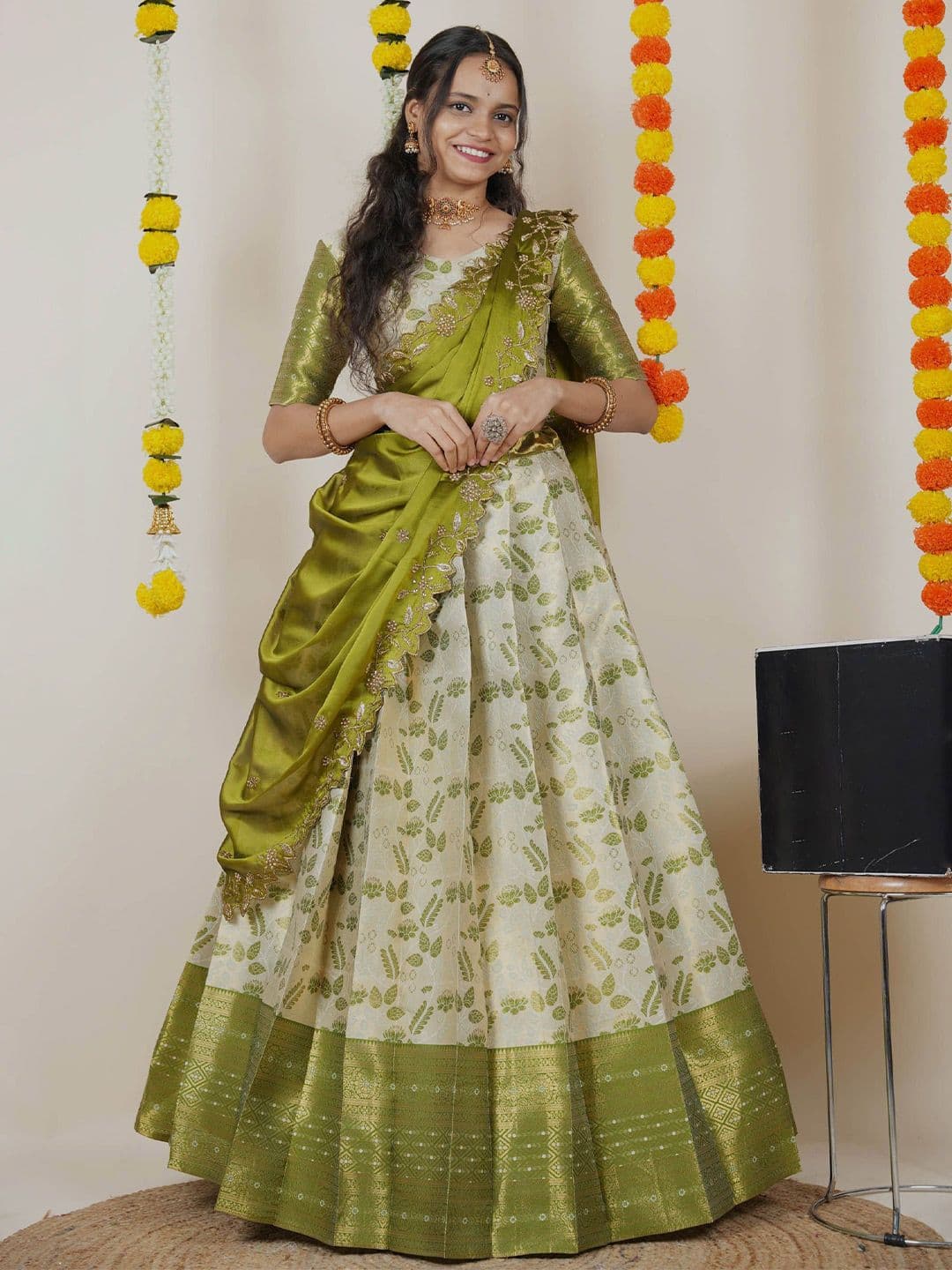 Fabcartz Woven Design Semi-Stitched Silk Lehenga & Unstitched Blouse With Dupatta - view 1