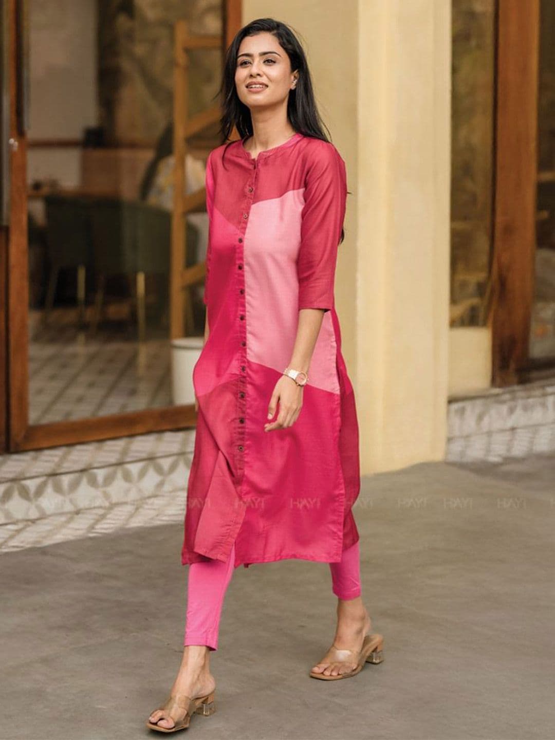 HAY Women Colourblocked Printed Linen Straight Kurta - view 1