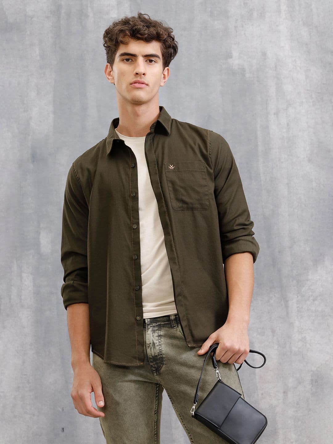 WROGN Men Solid Olive Long Sleeves Shirt - view 1