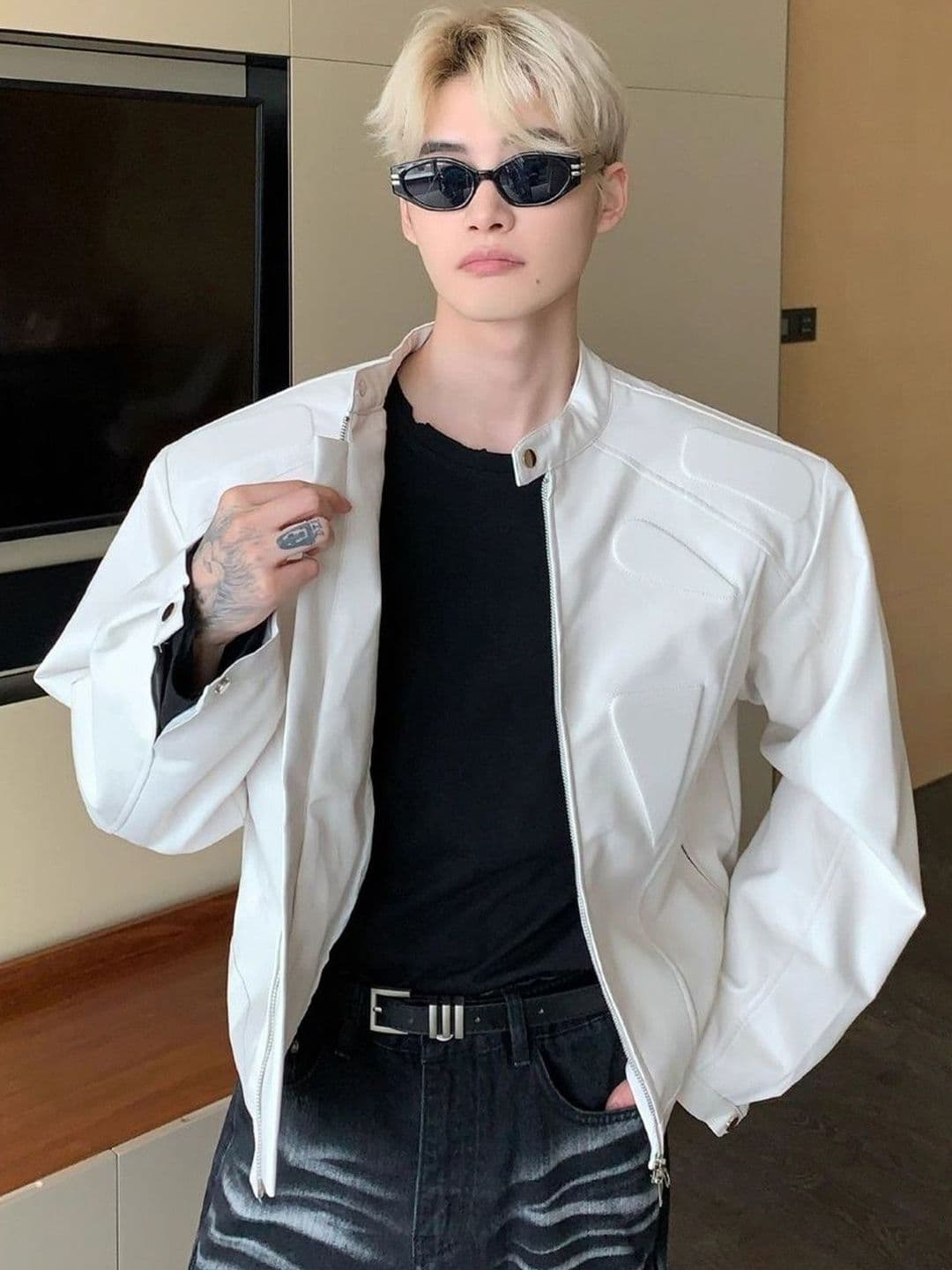 StyleCast Men Leather Collarless Open Front Jacket - view 1