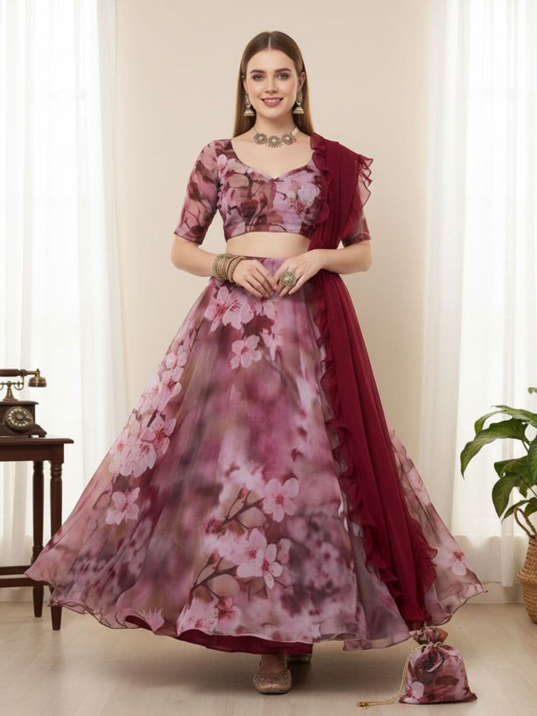 LIPS CROWN Printed Semi-Stitched Organza Lehenga & Ready To Wear Blouse With Dupatta - view 1
