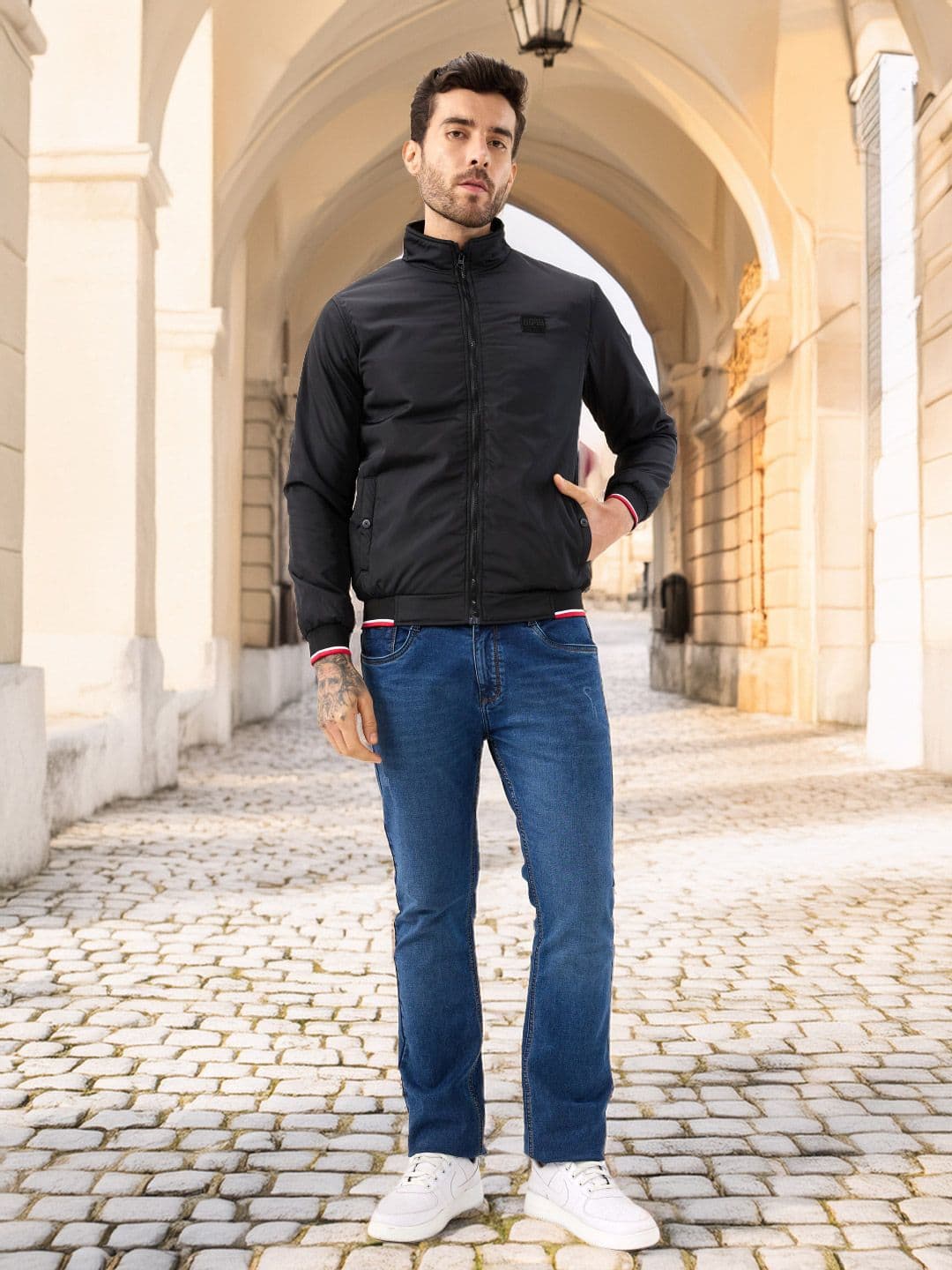 Status Quo Men Stand Collar Solid Lightweight Bomber Jacket - view 1